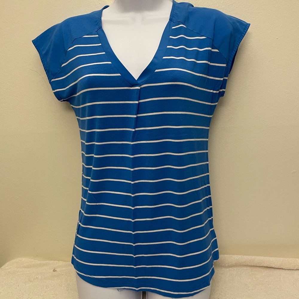 AdrienneVittadini: cap sleeve blue/white striped blouse
